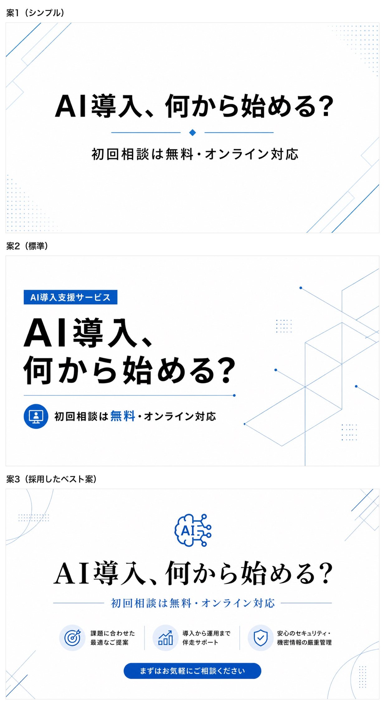 同じプロンプトから一括生成された3案のバナー比較。案1はシンプル、案2は標準、案3は特長アイコンやボタン風要素まで含む構成