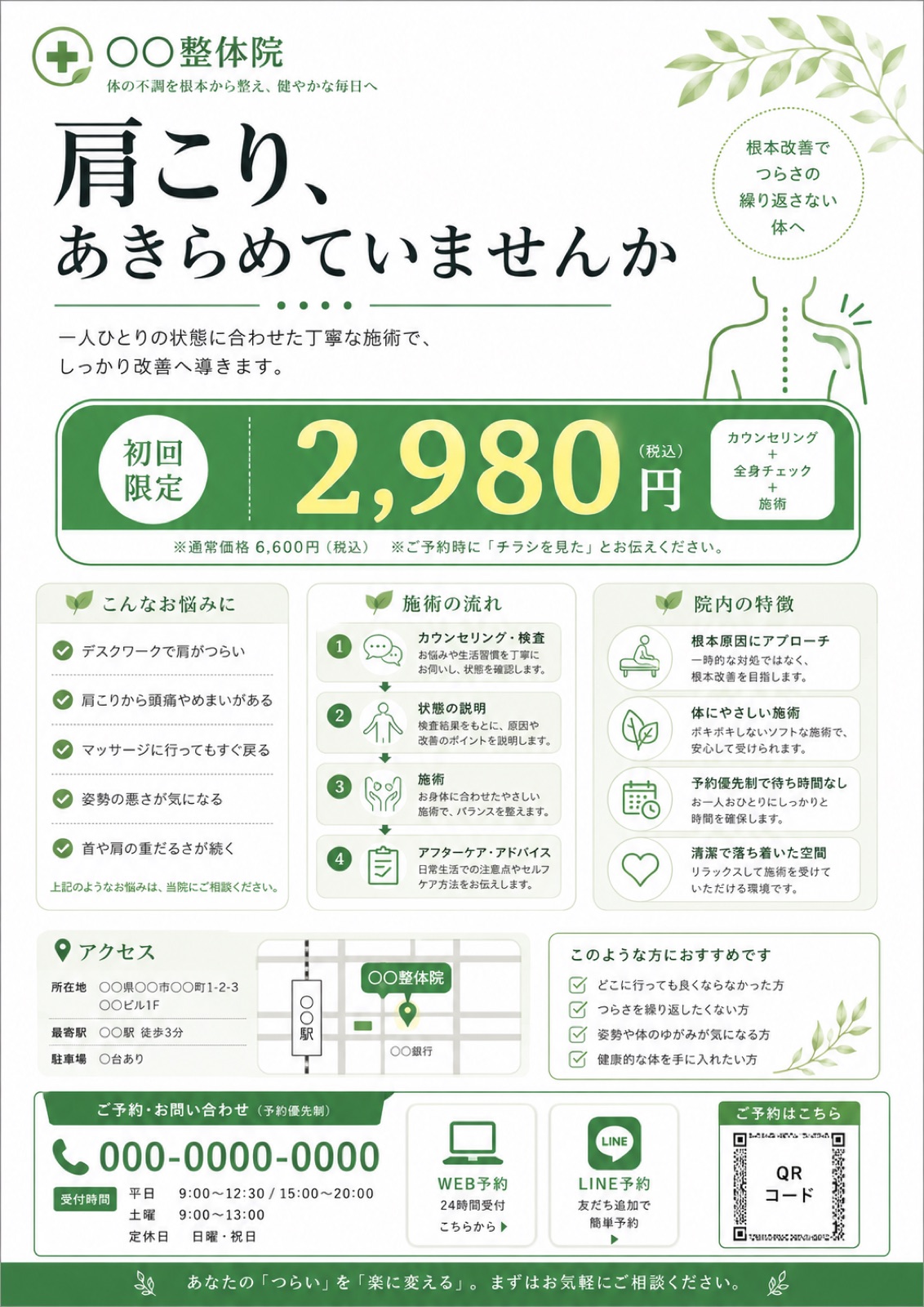 ChatGPTで生成した整体院チラシのたたき台。料金・施術の流れ・アクセスまで一通りのレイアウトが構成されている