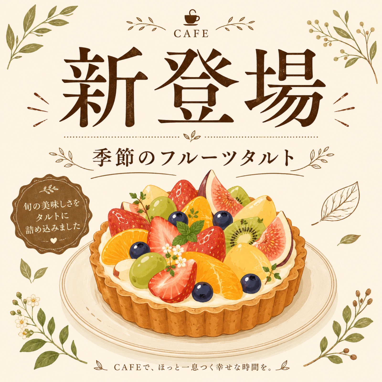 ChatGPTで生成したカフェ新メニュー告知のInstagram用正方形画像の例