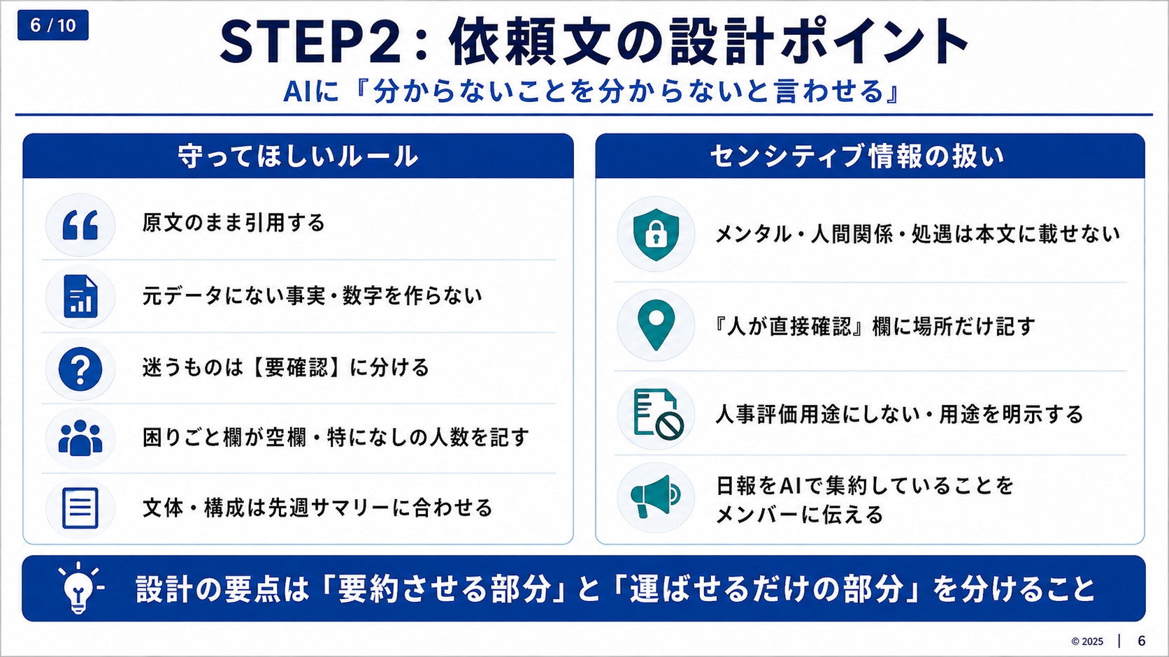 日報集約の依頼文で原文引用・推測禁止・要確認・人事評価除外などを定める図解
