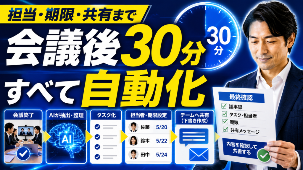 会議の「後工程」はAIに任せる|議事録の一歩先、タスク割り当てと共有まで任せて「決まったのに動かない」をなくす